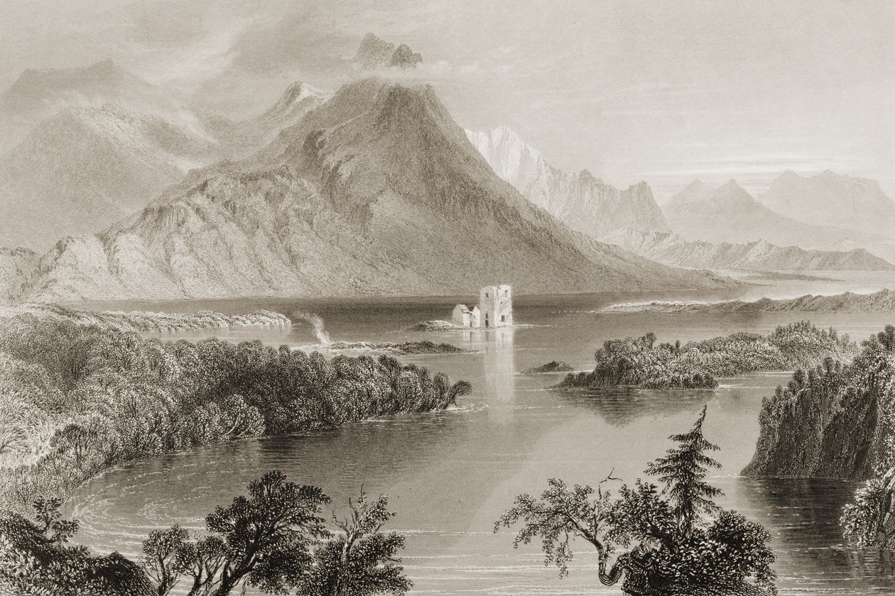 Ballynahinch, Connemara, County Galway, Irland, från "Scenery and Antiquities of Ireland" av George Virtue, 1860-talet av William Henry Bartlett