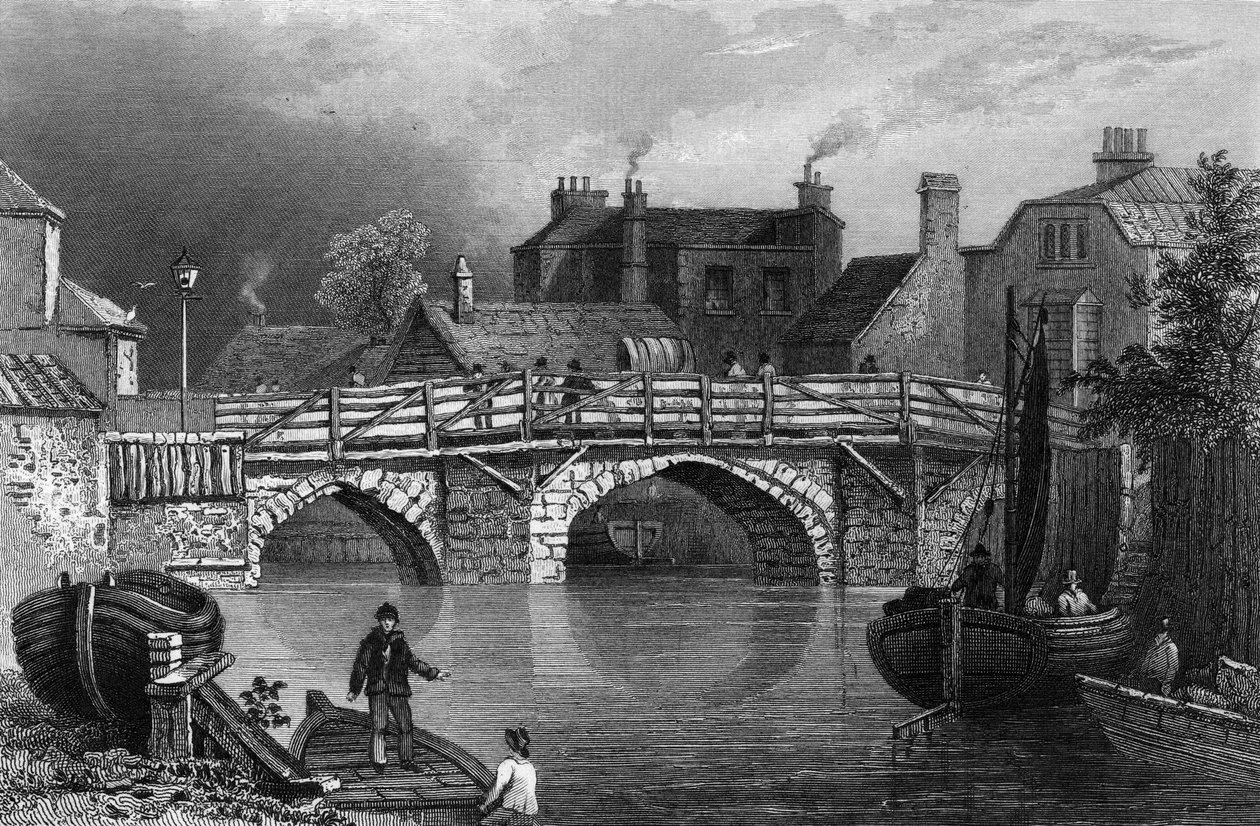 Bow Bridge, Essex, graverad av John Rogers, 1832 av William Henry Bartlett