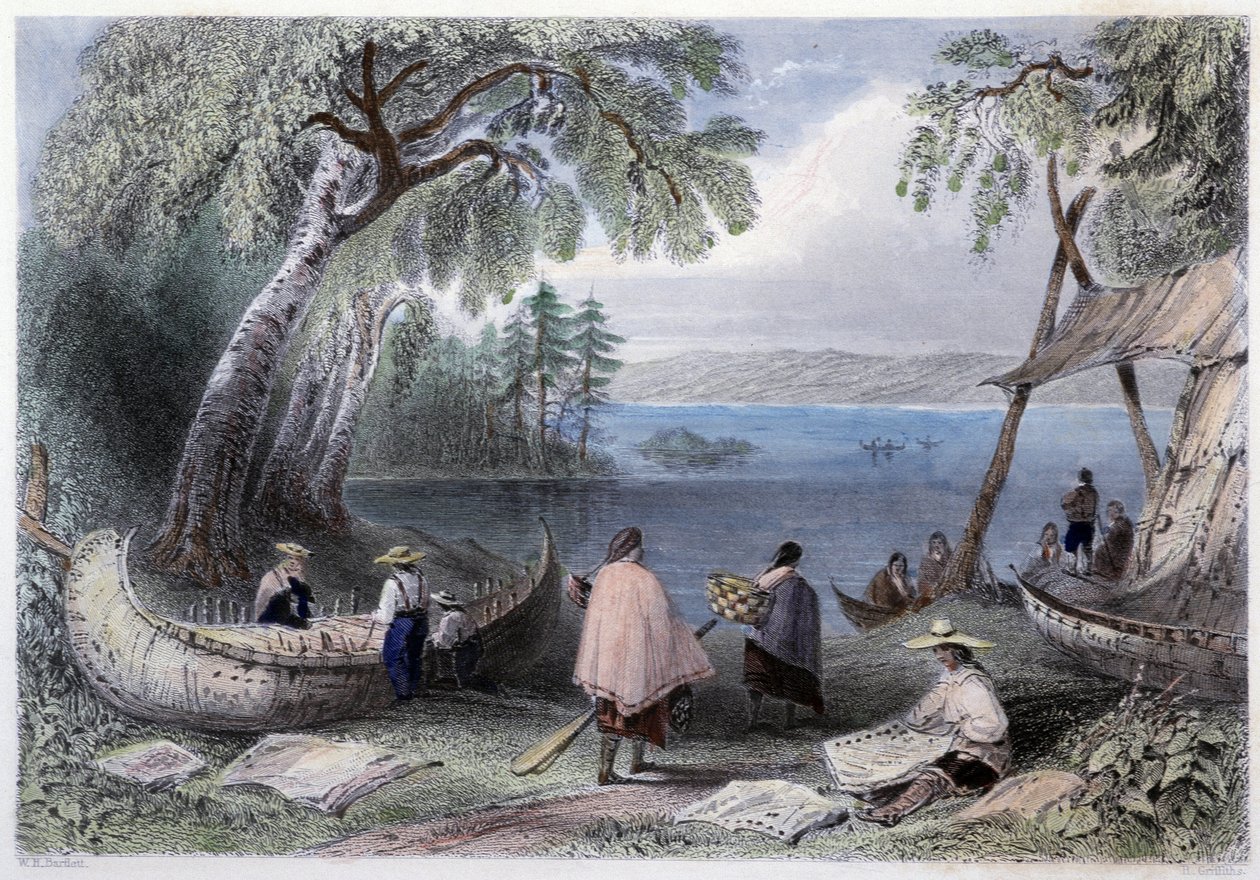 Kanotkonstruktion på Pappers Islands nära Ottawa River - i "" kanadensiskt landskap illustrerad"" av Bartlett W. H. av William Henry Bartlett