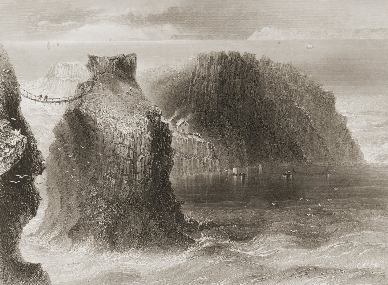 Carrick-a-Rede Rope Bridge, County Antrim, Nordirland, från "Scenery and Antiquities of Ireland" av George Virtue, 1860-talet av William Henry Bartlett