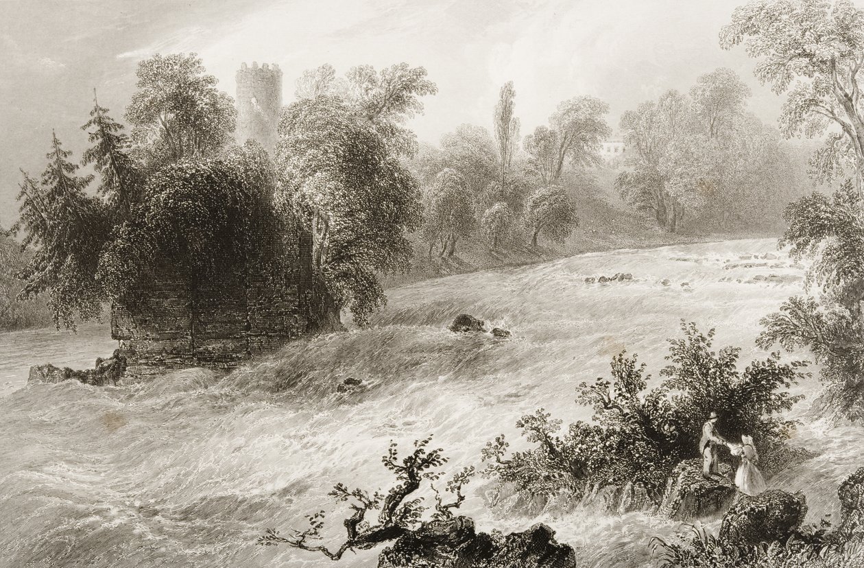 Castleconnell och Doonass Rapids, County Limerick, Irland, från "Scenery and Antiquities of Ireland" av George Virtue, 1860-talet av William Henry Bartlett