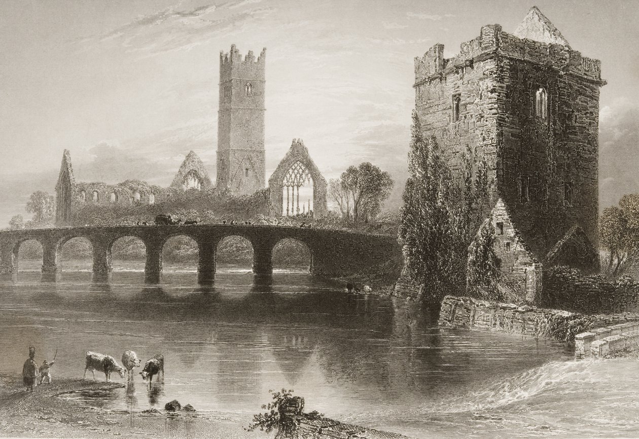 Clare Abbey, County Clare, Irland, från "Scenery and Antiquities of Ireland" av George Virtue, 1860-talet av William Henry Bartlett