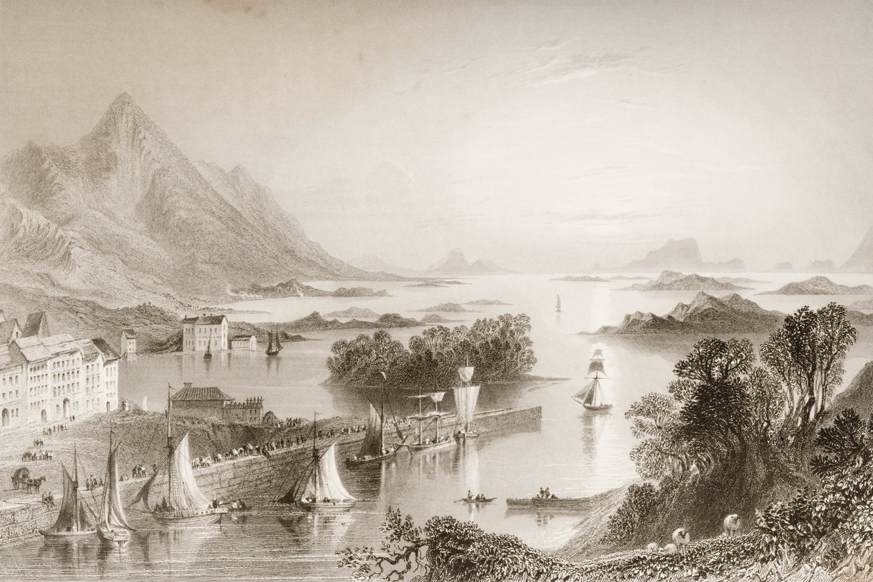 Clew Bay sett från Westport, County Mayo, från "Scenery and Antiquities of Ireland" av George Virtue, 1860-talet av William Henry Bartlett