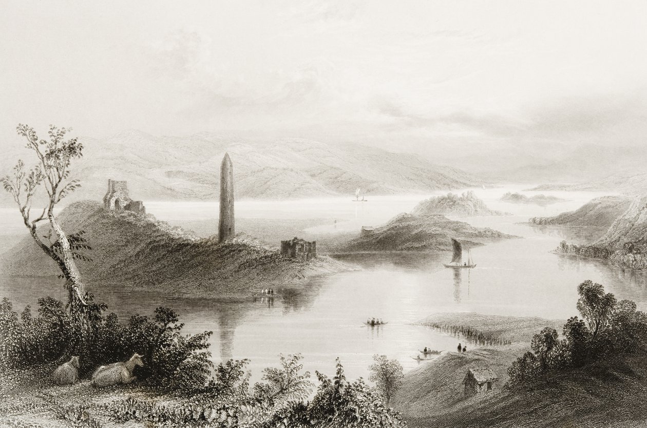 Devenish Island, County Fermanagh, Irland, från "Scenery and Antiquities of Ireland" av George Virtue, 1860-talet av William Henry Bartlett