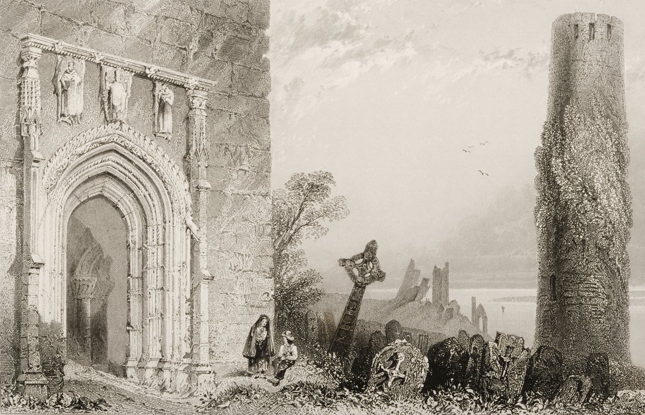 Dörröppning till ett tempel, Clonmacnois, County Offaly, Irland, från "Scenery and Antiquities of Ireland" av George Virtue, 1860-talet av William Henry Bartlett