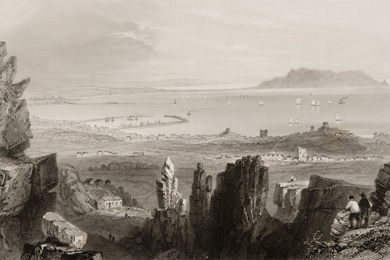 Dublin Bay från Kingstown Quarries, från "Scenery and Antiquities of Ireland" av George Virtue, 1860-talet av William Henry Bartlett