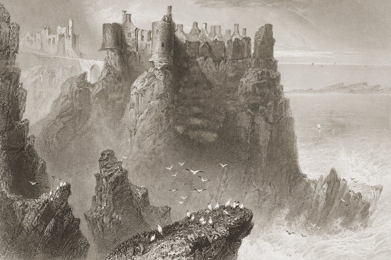Dunluce Castle, County Antrim, Nordirland, från "Scenery and Antiquities of Ireland" av George Virtue, 1860-talet av William Henry Bartlett