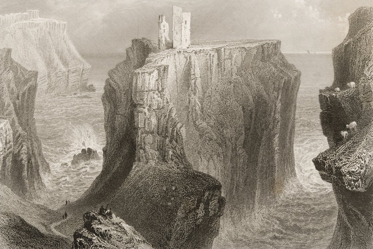 Dunseverick Castle, County Antrim, Nordirland, från "Scenery and Antiquities of Ireland" av George Virtue, 1860-talet av William Henry Bartlett