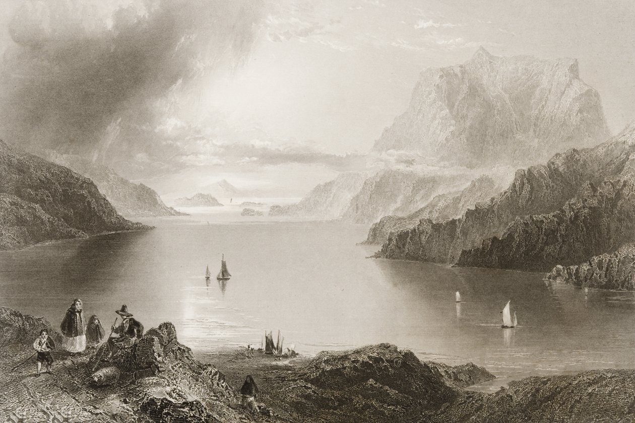 Eagle Mountain, Killeries, Connemara, County Galway, från "Scenery and Antiquities of Ireland" av George Virtue, 1860-talet av William Henry Bartlett
