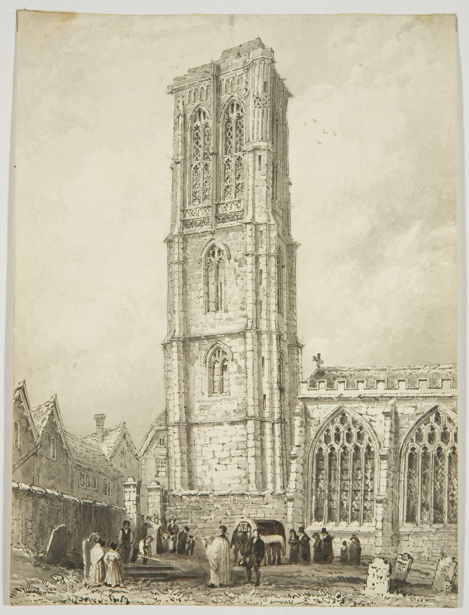 Exteriör av Temple Church, visar en internering, ca 1825 (penna och akvarell på papper) av William Henry Bartlett