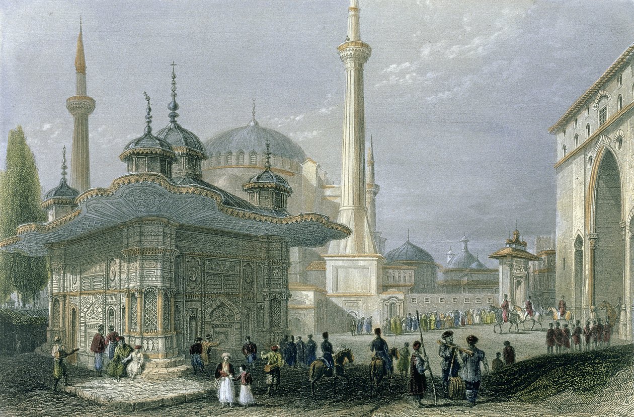 Fontän och torg i St. Sophia, Istanbul, graverad av T. Higham, ca 1850 (akvatint) av William Henry Bartlett