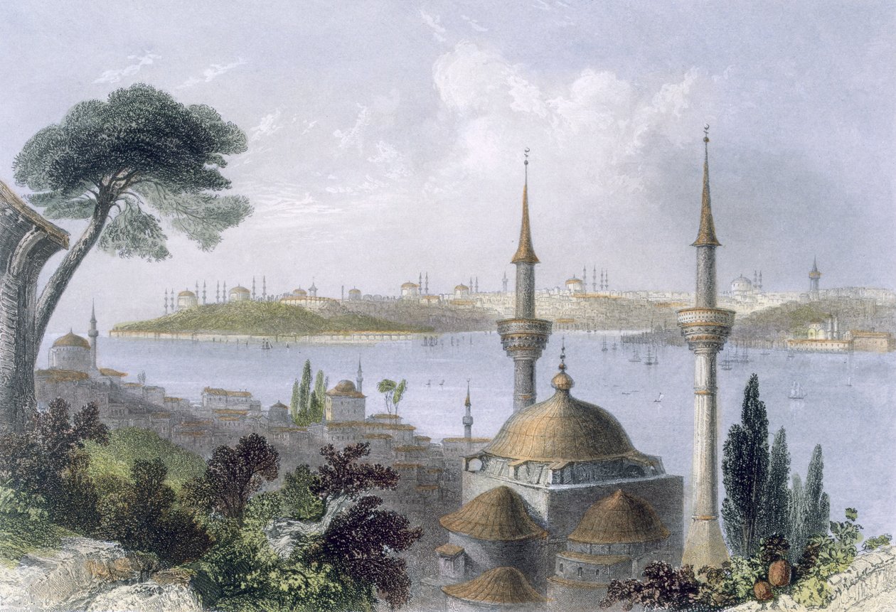 Allmän bild av Konstantinopel från Scutari, ca 1850 (färgad akvatint) av William Henry Bartlett
