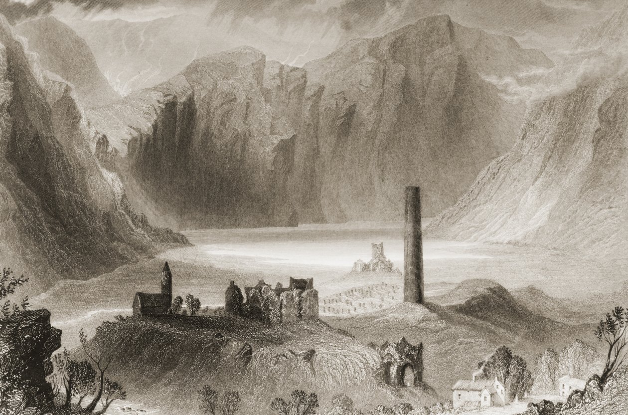 Glendalough, County Wicklow, Irland, från "Scenery and Antiquities of Ireland" av George Virtue, 1860-talet av William Henry Bartlett