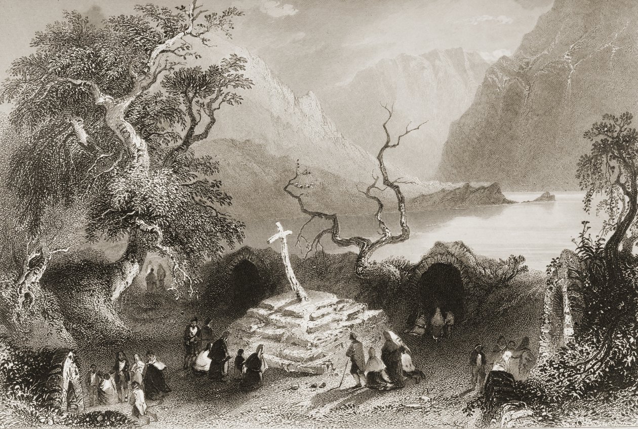 Gougane Barra, County Cork, Irland, från "Scenery and Antiquities of Ireland" av George Virtue, 1860-talet av William Henry Bartlett