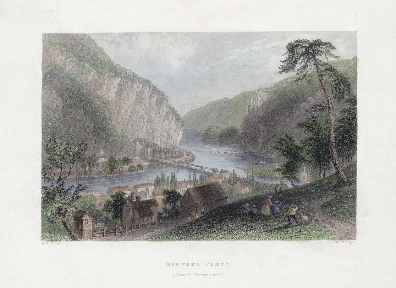 Harpers Ferry (från Potomac-sidan), pub. 1839 (handkolorerad gravyr) av William Henry Bartlett
