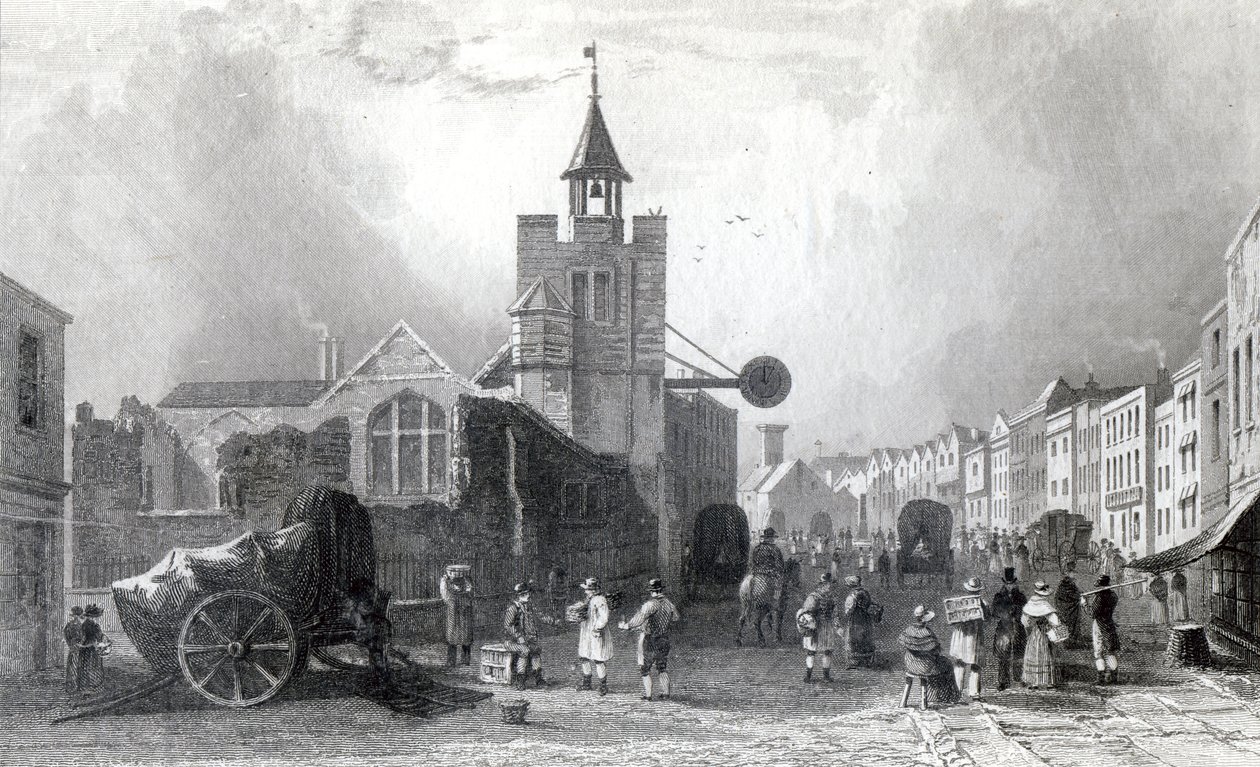 High St. med Church of St. Nicholas, Colchester, Essex, graverad av Charles Mottram, 1831 (gravyr) av William Henry Bartlett