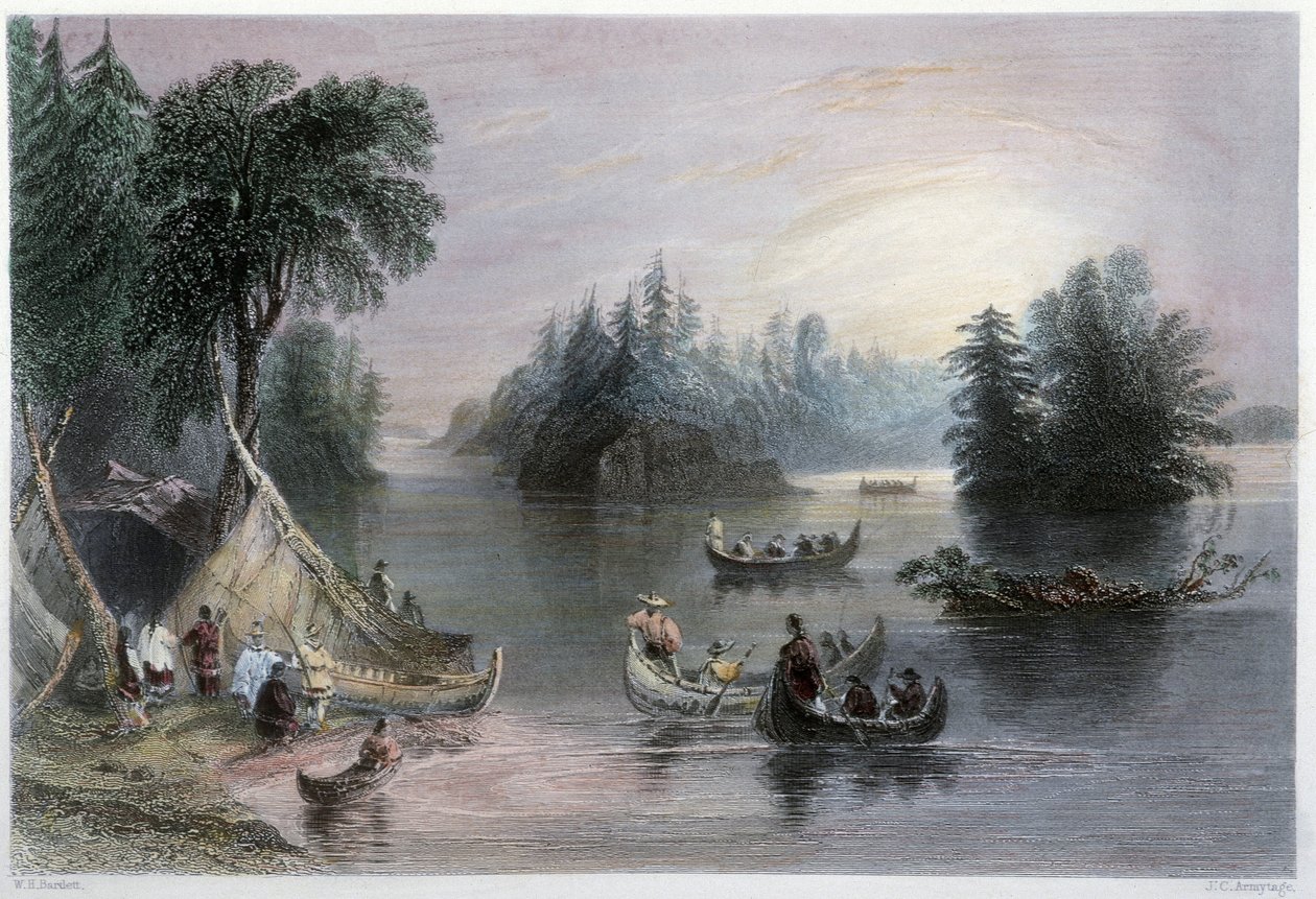 Indiska tipis och kanoter, Banks of the St Laurent - i "" kanadensiskt landskap illustrerad" av W.H. Bartlett, London av William Henry Bartlett