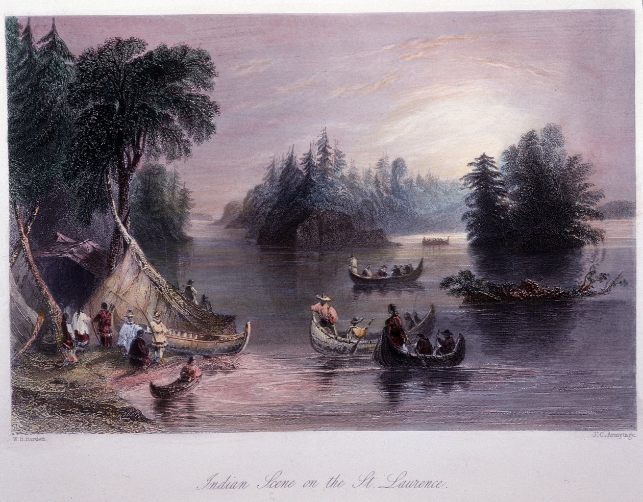 Indiskt läger på stranden av Saint Laurent - i "" kanadensiskt landskap illustrerad" av Bartlett W. H. av William Henry Bartlett