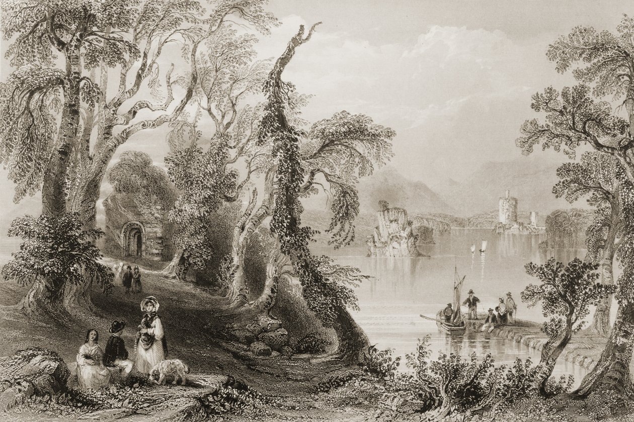 Innisfallen, Killarney Lake, County Killarney, från "Scenery and Antiquities of Ireland" av George Virtue, 1860-talet av William Henry Bartlett