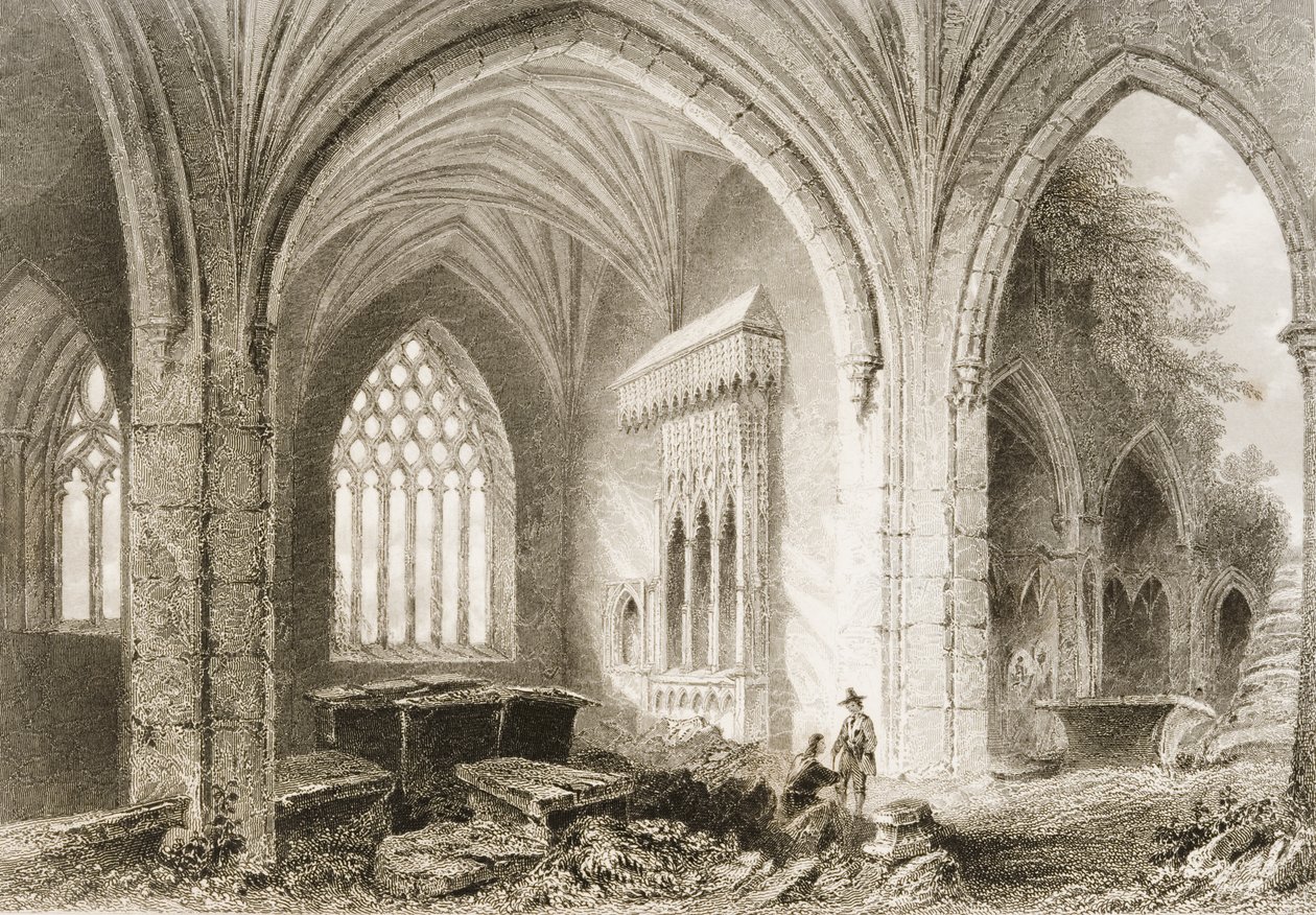 Interiör av Holycross Abbey, County Tipperary, Irland, från "Scenery and Antiquities of Ireland" av George Virtue, 1860-talet av William Henry Bartlett