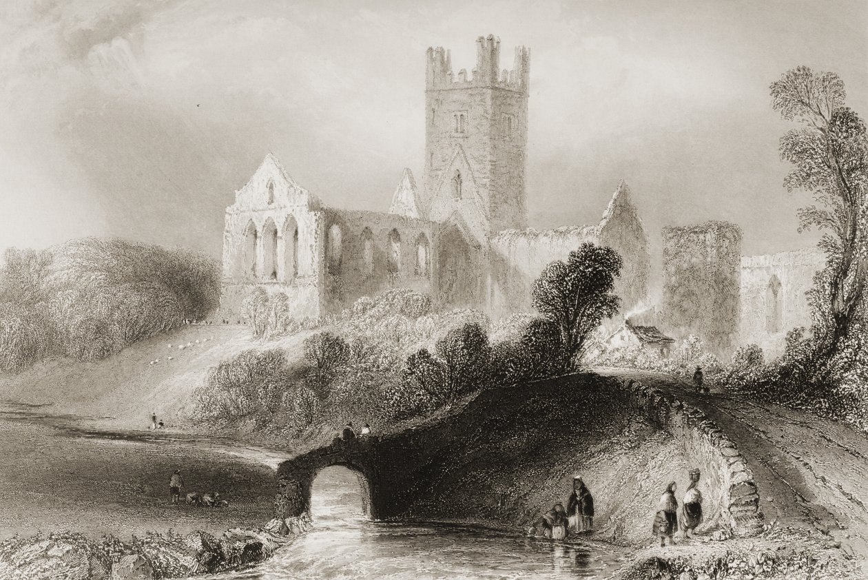 Jerpoint Abbey, County Kilkenny, Irland, från "Scenery and Antiquities of Ireland" av George Virtue, 1860-talet av William Henry Bartlett