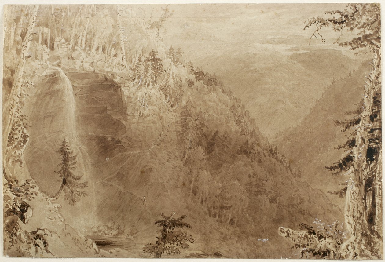 Kaaterskill Falls from Above the Ravine, Catskill Mountains, New York: Study for an Engraving, 1836 (brun bläcktvätt med inslag av vit höjning på papper, lagt på kort) av William Henry Bartlett