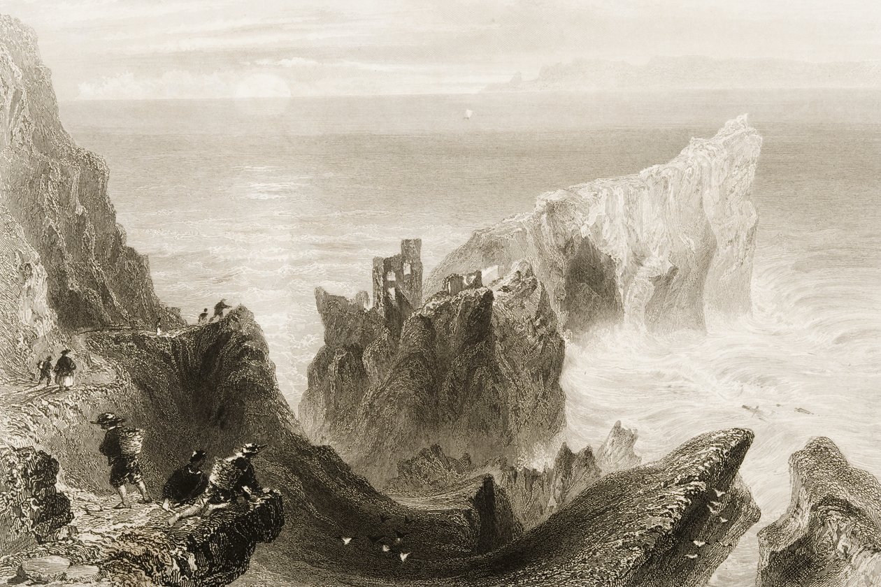 Kenbaan Castle, nära Ballycastle, County Antrim, Nordirland, från "Scenery and Antiquities of Ireland" av George Virtue, 1860-talet av William Henry Bartlett