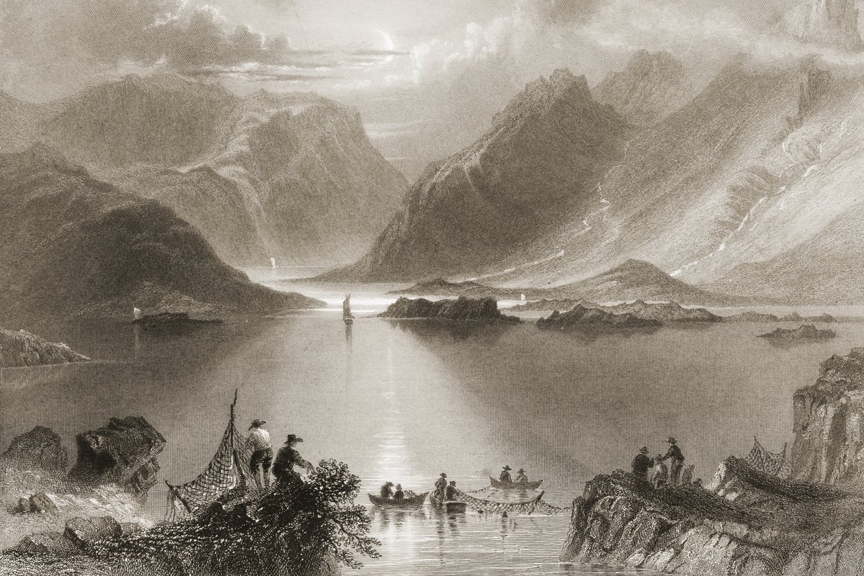 Killary Harbour, County Mayo, Irland, från "Scenery and Antiquities of Ireland" av George Virtue, 1860-talet av William Henry Bartlett