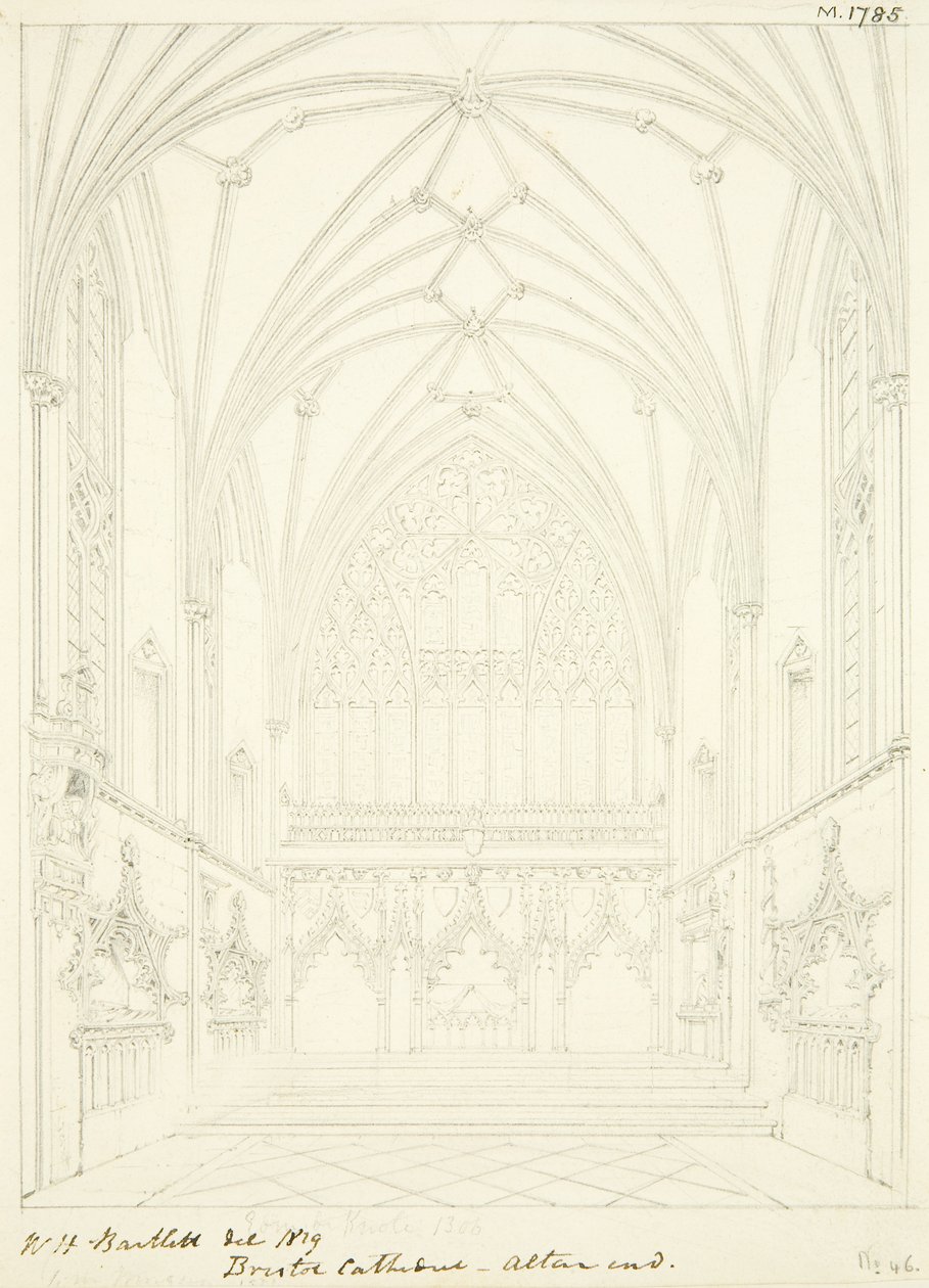 Lady Chapel of Bristol Cathedral ser österut (penna och akvarell på papper) av William Henry Bartlett
