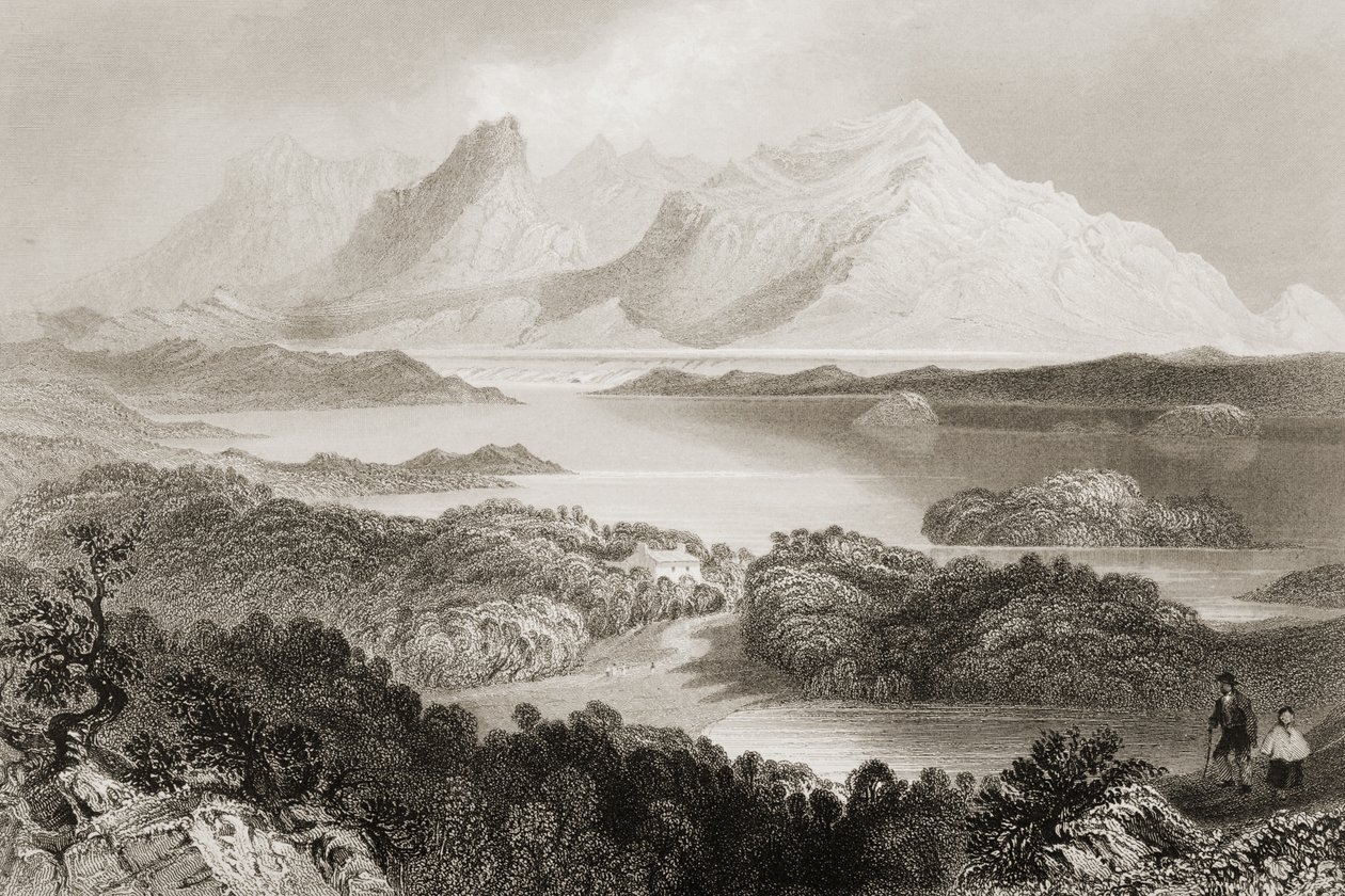 Lake Garromin, Connemara, County Galway, från George Virtues "Scenery and Antiquities of Ireland", 1860-talet. av William Henry Bartlett