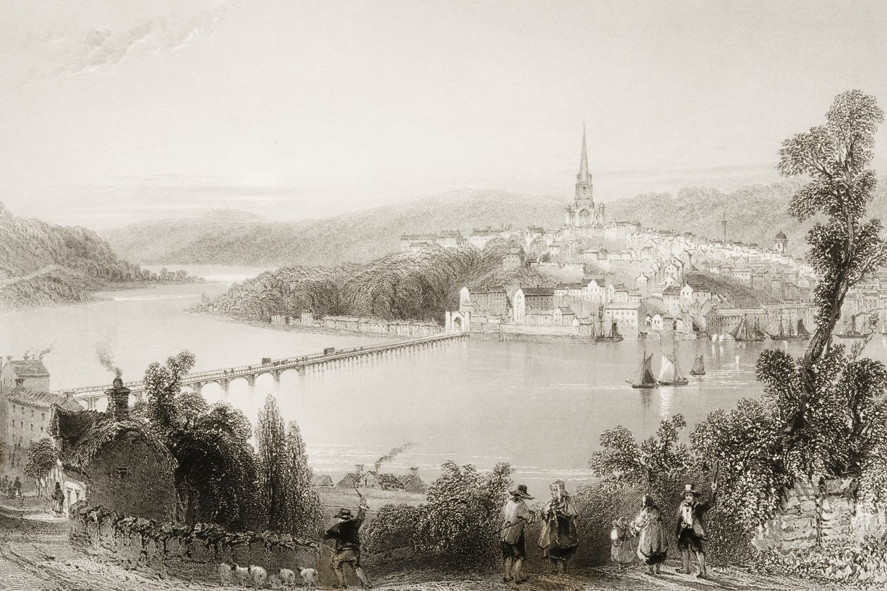 Londonderry, County Londonderry, Nordirland, från "Scenery and Antiquities of Ireland" av George Virtue, 1860-talet av William Henry Bartlett