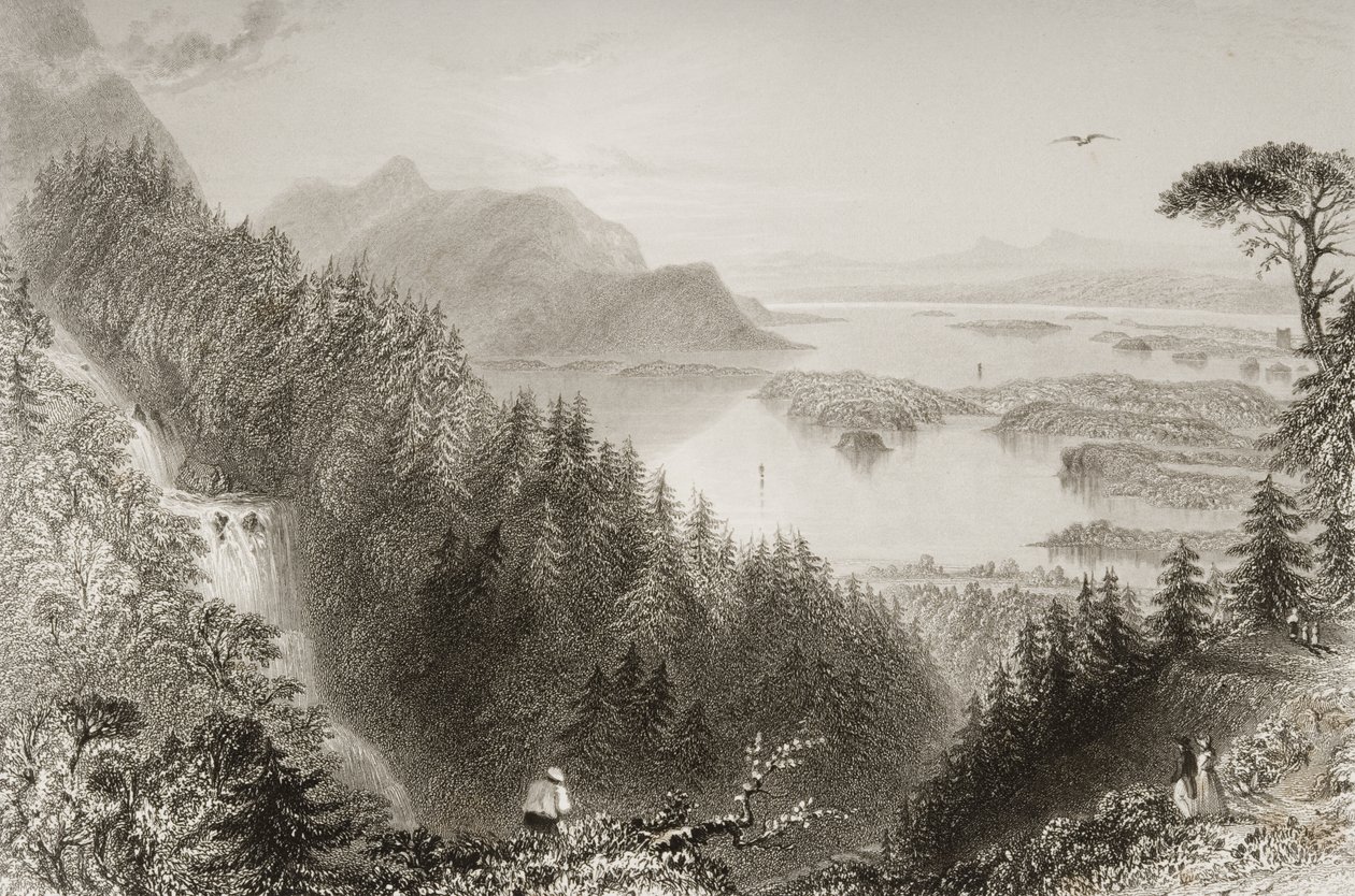 Lower and Turk Lakes, County Killarney, Irland, från "Scenery and Antiquities of Ireland" av George Virtue, 1860-talet av William Henry Bartlett