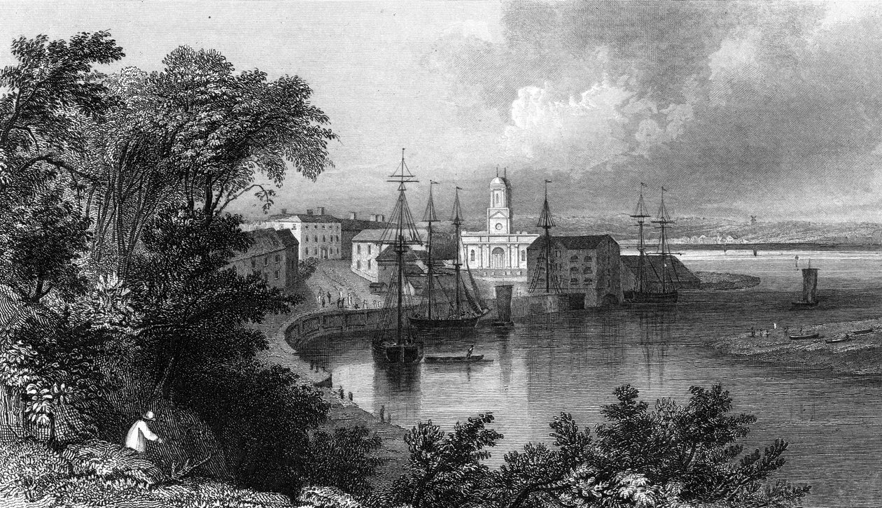 Mistley Quay, nära Harwich, Essex, graverad av John Rogers, 1832 av William Henry Bartlett
