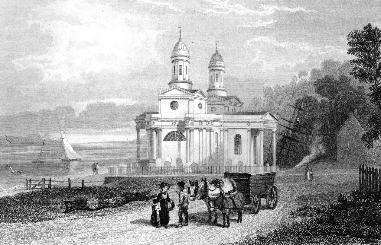 Mistley Thorn Church, nära Manningtree, Essex, graverad av Henry Adlard, 1832 av William Henry Bartlett