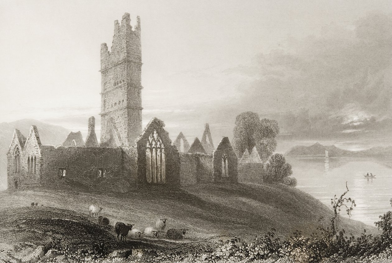 Moyne Abbey, County Mayo, Irland, från "Scenery and Antiquities of Ireland" av George Virtue, 1860-talet av William Henry Bartlett