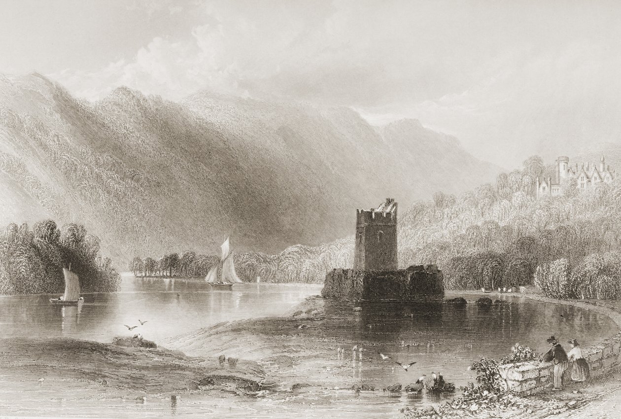 Narrow Water Castle, County Down, Nordirland, från "Scenery and Antiquities of Ireland" av George Virtue, 1860-talet av William Henry Bartlett