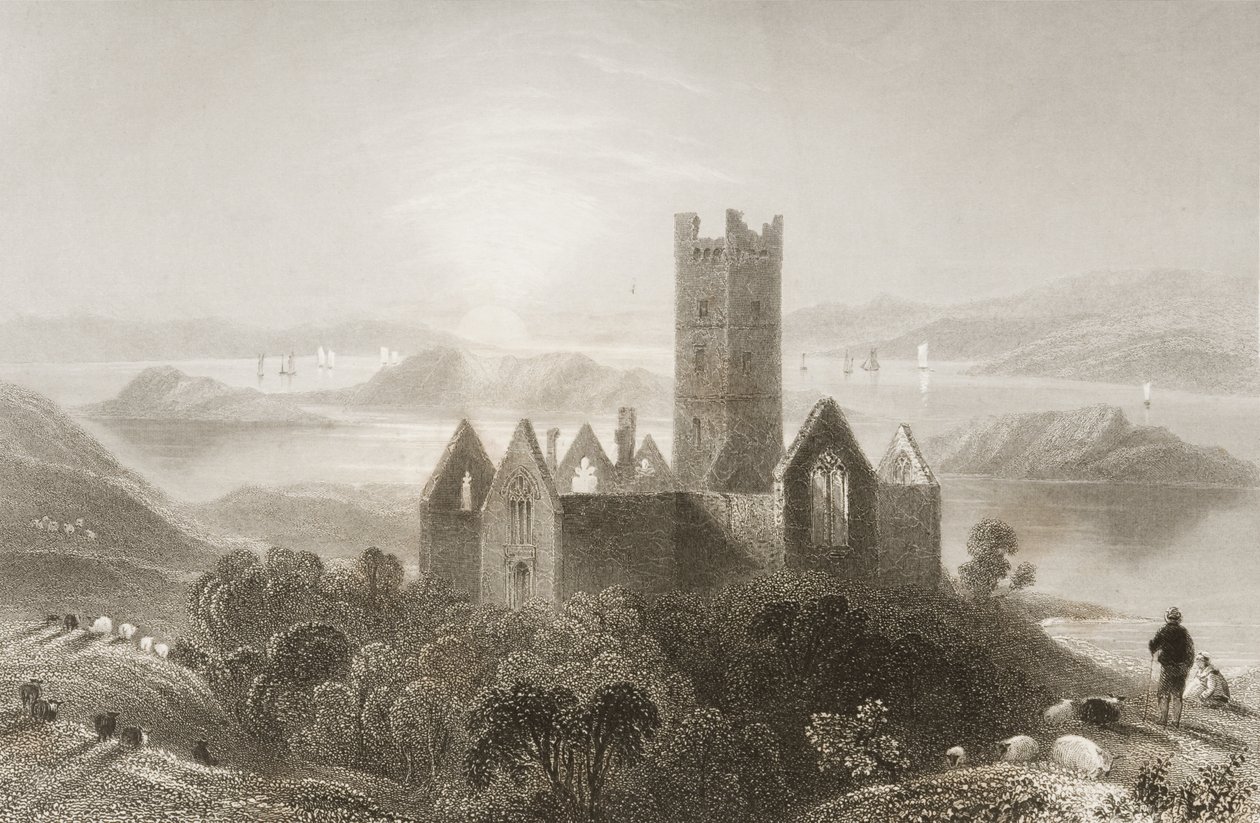 Roserk Abbey, County Mayo, Irland, från "Scenery and Antiquities of Ireland" av George Virtue, 1860-talet av William Henry Bartlett
