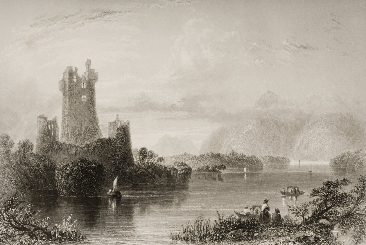 Ross Castle, Killarney, County Kerry, från "Scenery and Antiquities of Ireland" av George Virtue, 1860-talet av William Henry Bartlett