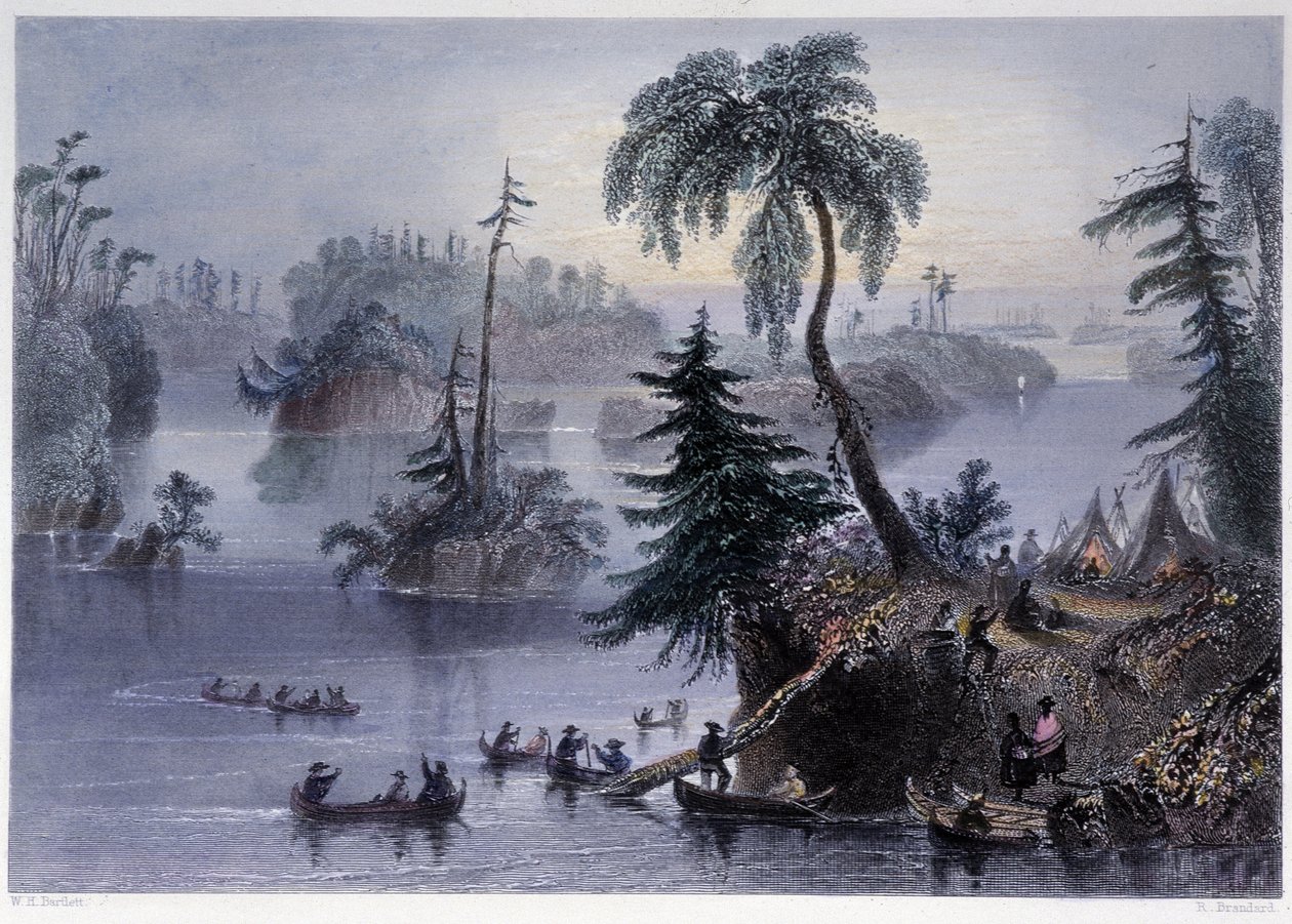 Scen bland de tusen öarna: Camp and Boats, Mille îles - i "" Kanadensiskt landskap illustrerad" av Bartlett W. H. av William Henry Bartlett