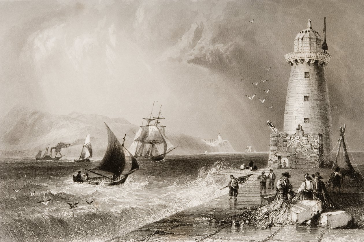 South Wall Lighthouse med Howth Hill in the Distance, Dublin, från "Scenery and Antiquities of Ireland" av George Virtue, 1860-talet av William Henry Bartlett