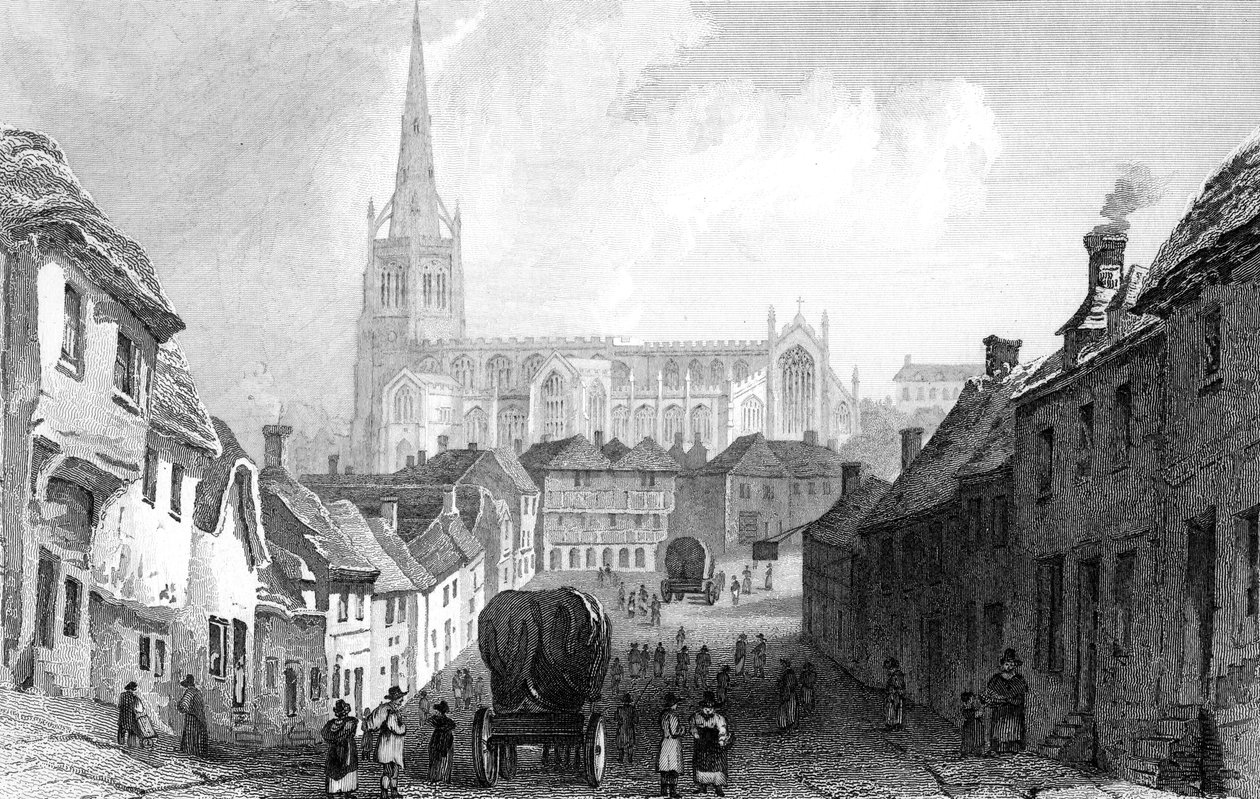 Thaxted från söder, Essex, graverad av J. Rolph, 1832 av William Henry Bartlett