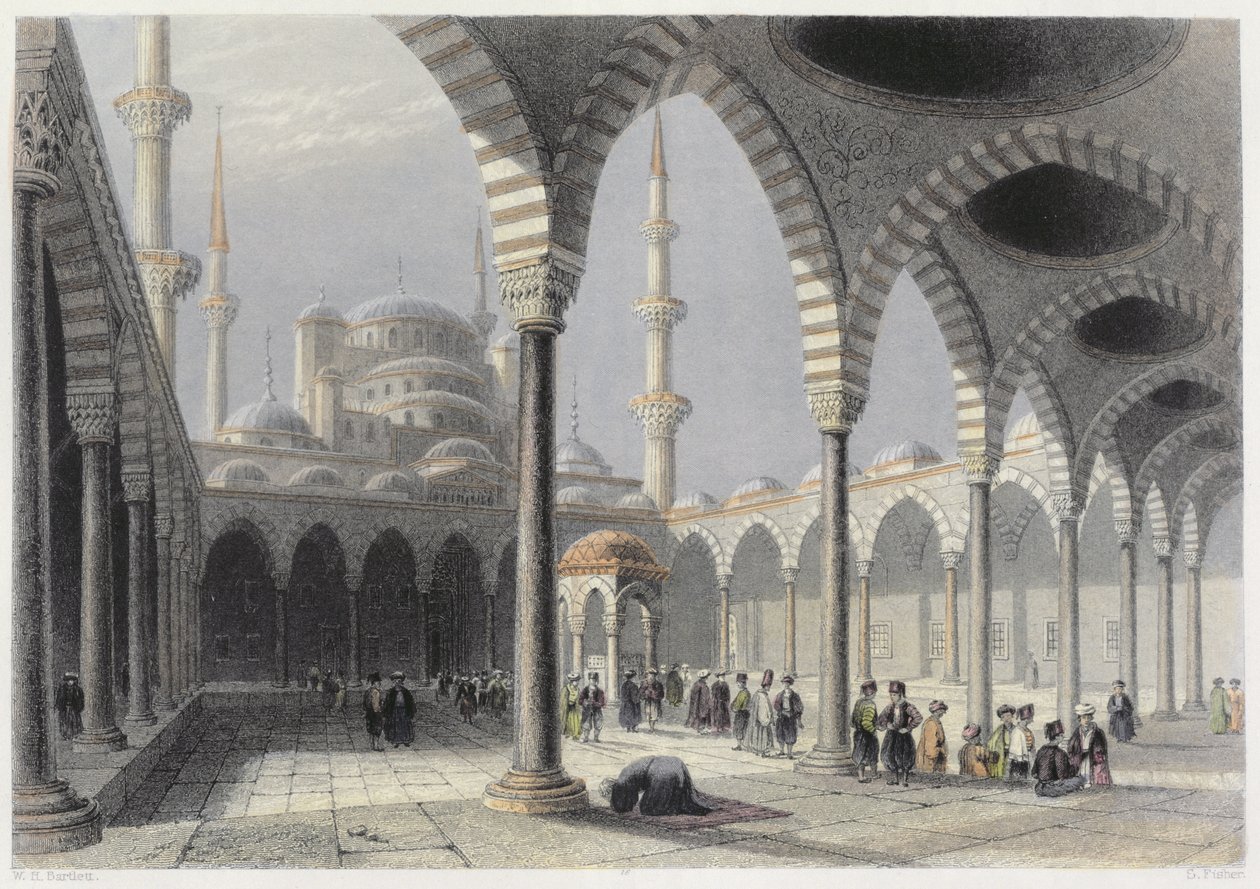Domstolen i Sultan Achmets moské, Istanbul, graverad av S. Fisher, ca 1850 (akvatint) av William Henry Bartlett