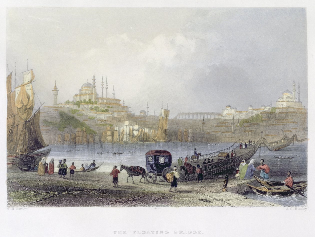 Den flytande bron, Istanbul, graverad av J.C. Bentley, ca 1850 (akvatint) av William Henry Bartlett