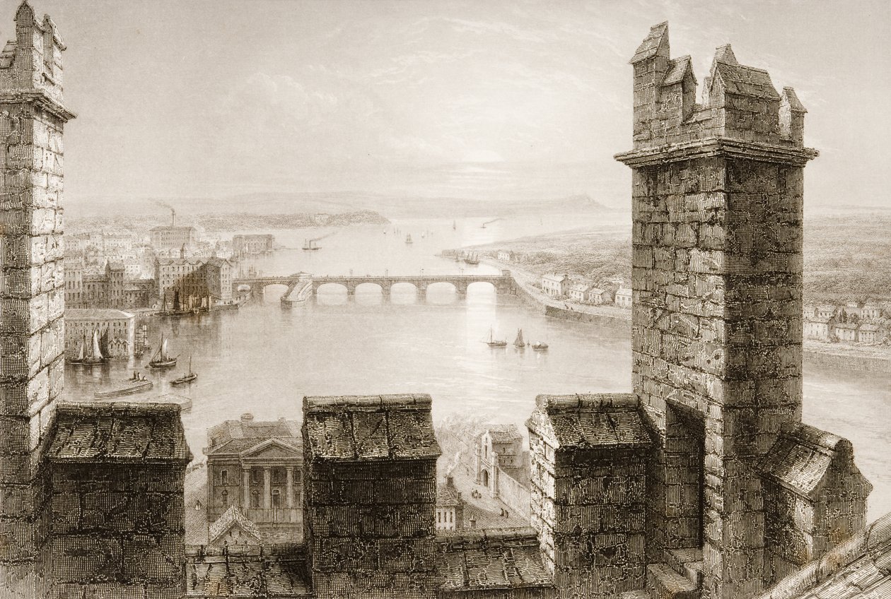 Floden Shannon och Limerick från Cathedral Tower, County Limerick, från "Scenery and Antiquities of Ireland" av George Virtue, 1860-talet av William Henry Bartlett