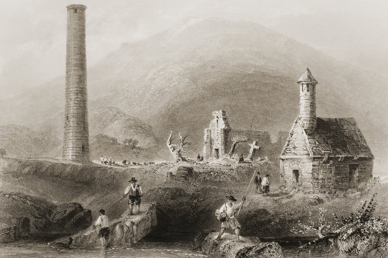 The Ruins at Glendalough, County Wicklow, Irland, från "Scenery and Antiquities of Ireland" av George Virtue, 1860-talet av William Henry Bartlett