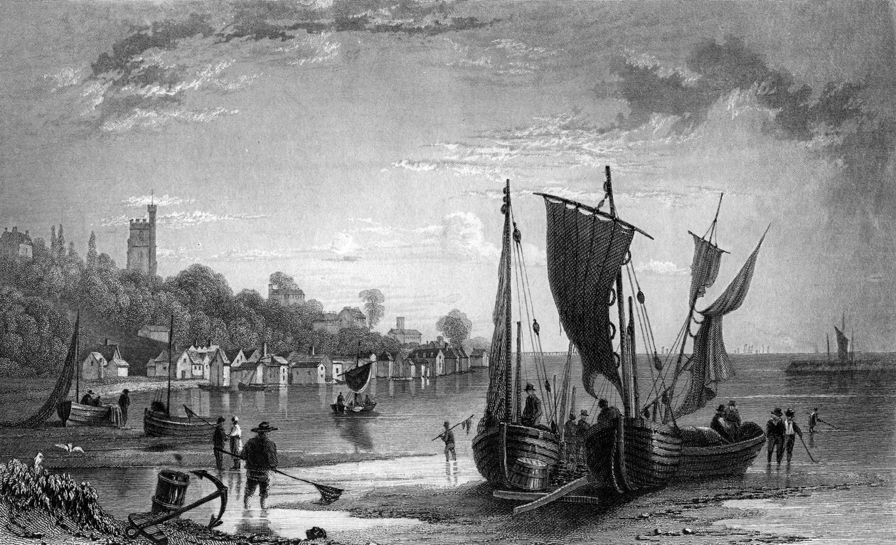 The Village of Leigh, nära Southend, Essex, graverad av Charles Mottram, 1833 av William Henry Bartlett