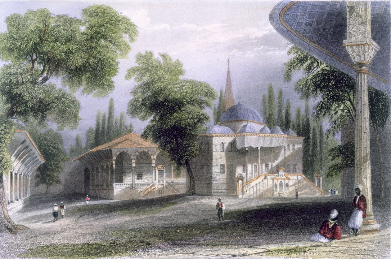 Tredje domstolen i Serai Bournou, ca 1850 (färgad akvatint) av William Henry Bartlett