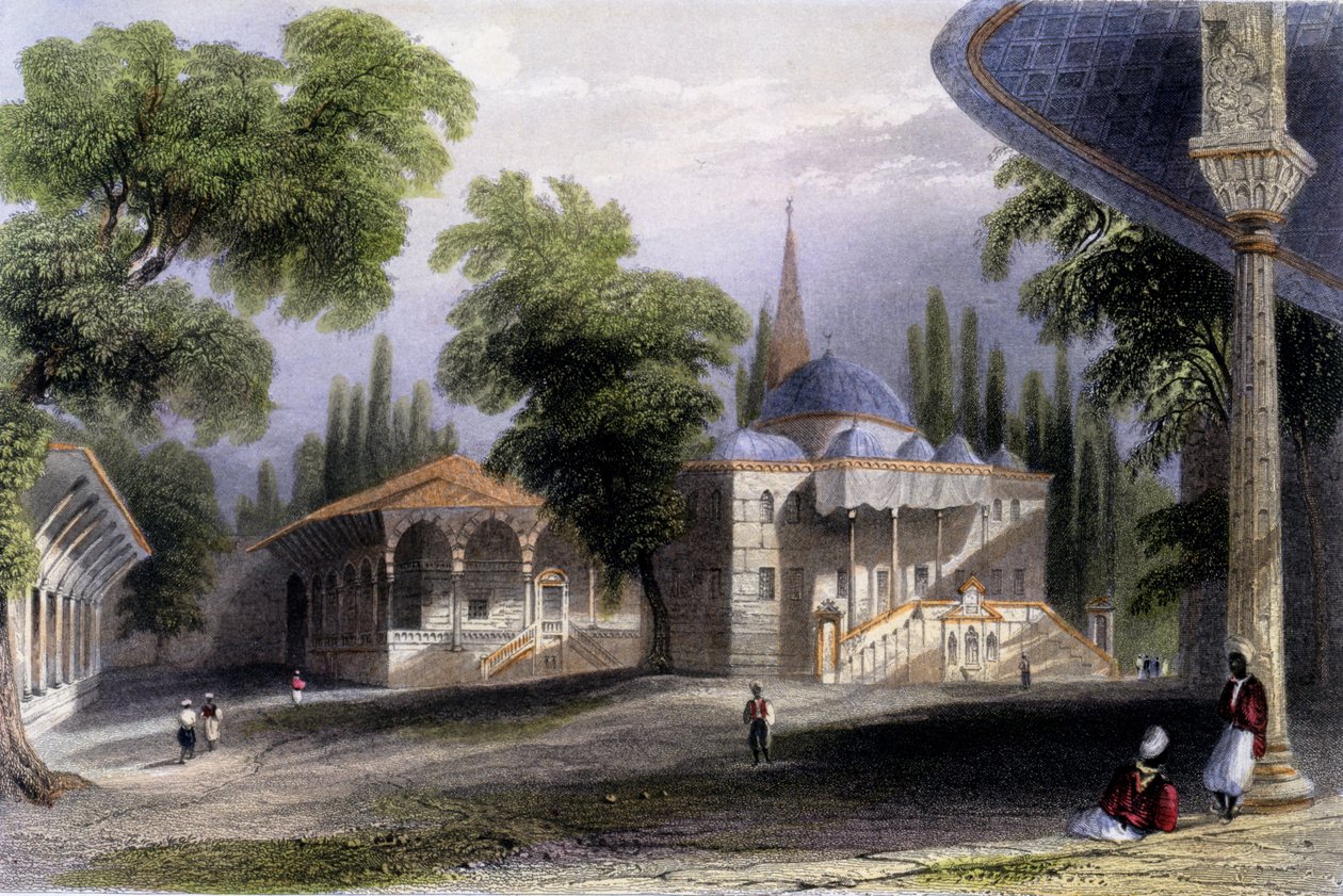 Tredje domstolen i Serai Bownou, 1850 (färgad akvatint) av William Henry Bartlett