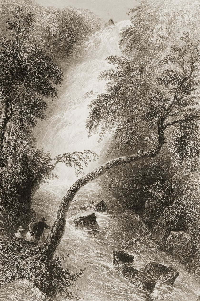 Turc Waterfall, County Killarney, Irland, från "Scenery and Antiquities of Ireland" av George Virtue, 1860-talet av William Henry Bartlett