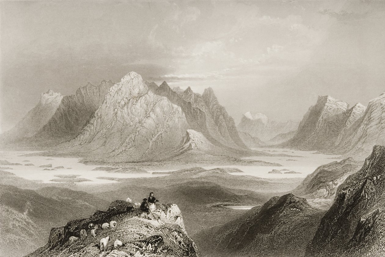 Utsikt från Cloonacartin Hill, Connemara, County Galway, från "Scenery and Antiquities of Ireland" av George Virtue, 1860-talet av William Henry Bartlett
